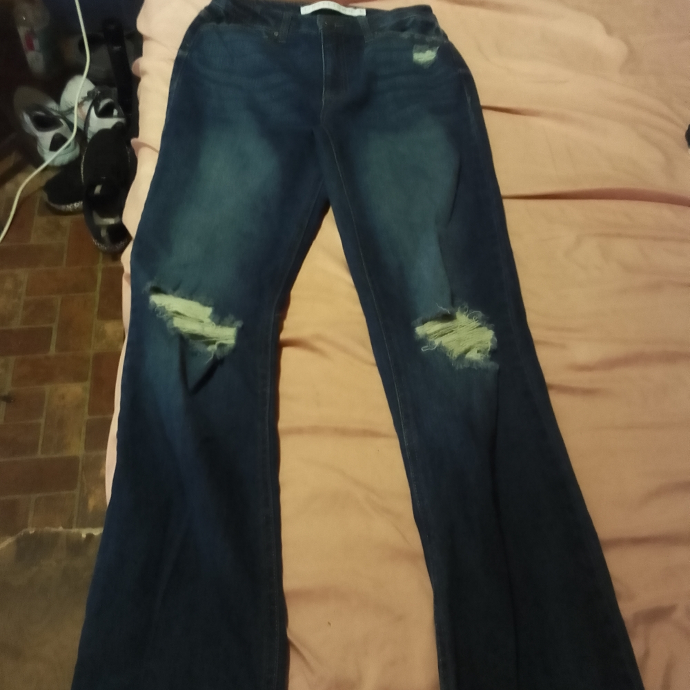 Blue Flare Wide Leg Jeans with‎ Distressed Details
